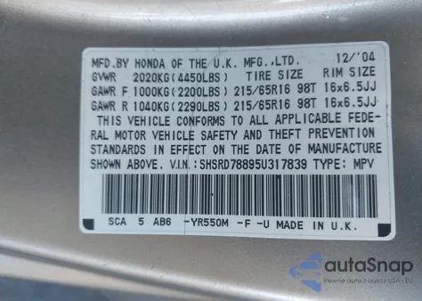 2005 Honda Cr-V Ex z USA, uszkodzony, nr VIN SHSRD78895U317839